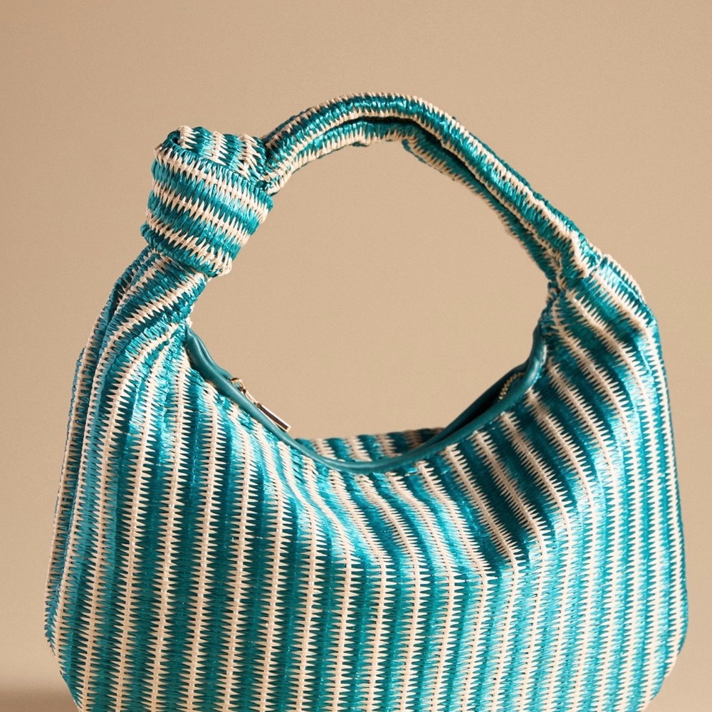 Anthropologie Teal & White Woven Knotted Hobo Bag